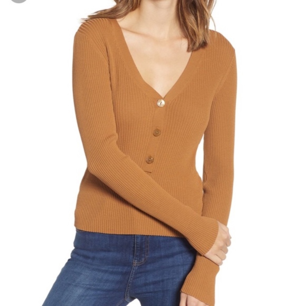 LEITH V-neck Ribbed Henley L/S Tan Size Small